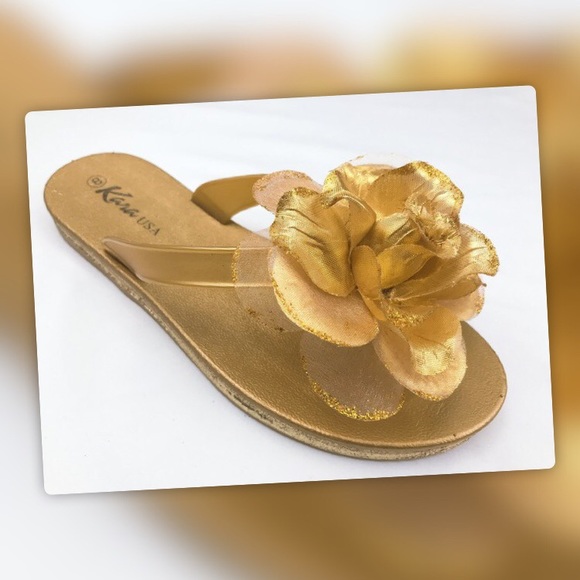 RESTOCK Kara Gold ROSE Flower Glitter Thong Flip Flop Sandal - Picture 2 of 2